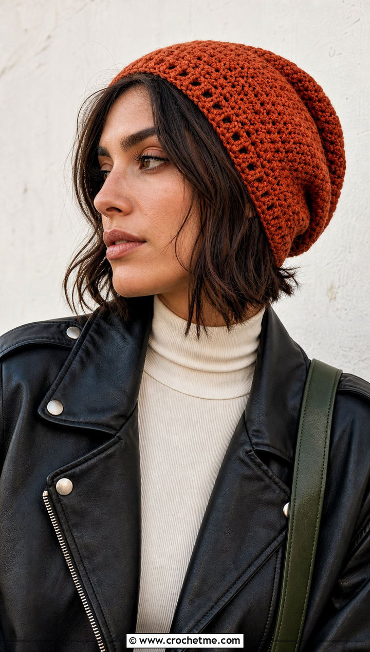Orange Slouchy Crochet Beanie With Leather Jacket And Maxi Skirt - 15 orange crochet hat outfit ideas