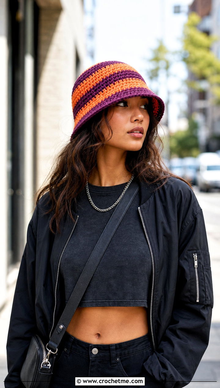 Orange Striped Crochet Bucket Hat With Black Cargo Pants - 15 orange crochet bucket hat outfit ideas