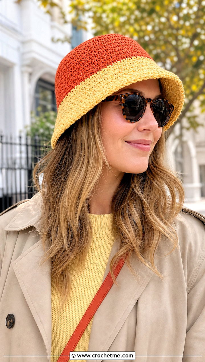Orange Two Tone Crochet Bucket Hat With Trench Coat - 15 orange crochet bucket hat outfit ideas