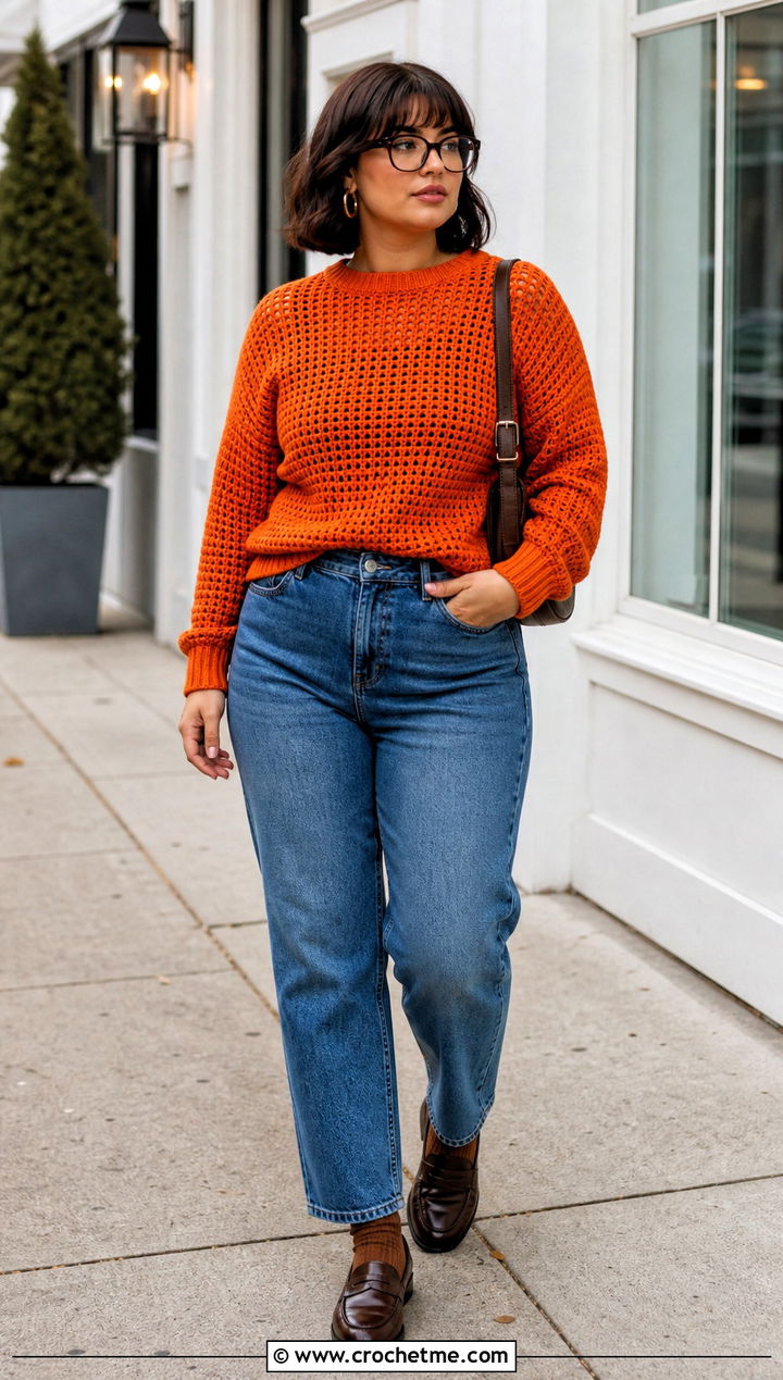 Orange Velma Crochet Sweater With Straight Leg Jeans - 15 Velma Crochet Sweater outfit ideas