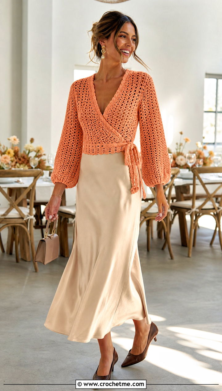 Orange Wrap Crochet Top With Satin Slip Skirt - 30 orange crochet top outfit ideas