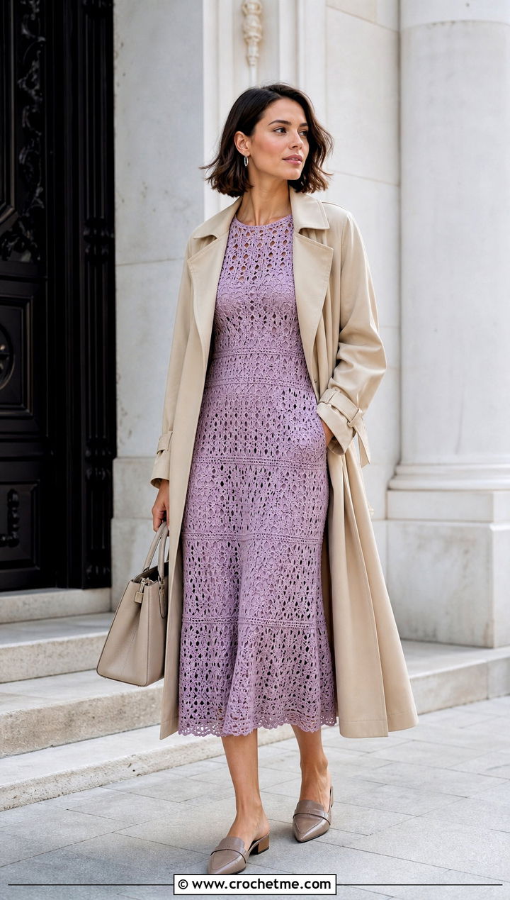 Orchid A Line Midi Crochet Dress With Trench Coat - 35 purple crochet dress outfit ideas