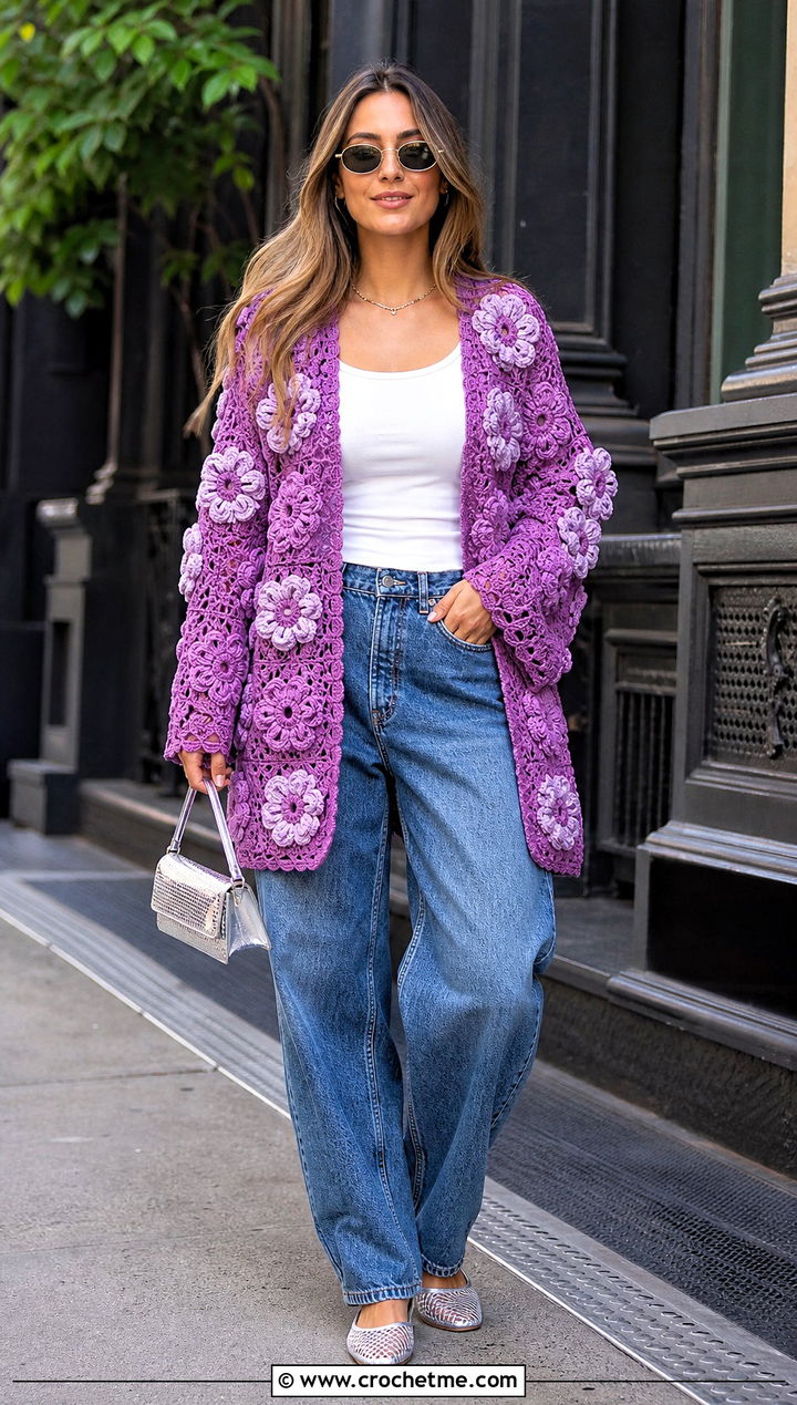 Orchid Flower Cardigan With Barrel Jeans - 30 crochet flowers cardigan outfit ideas