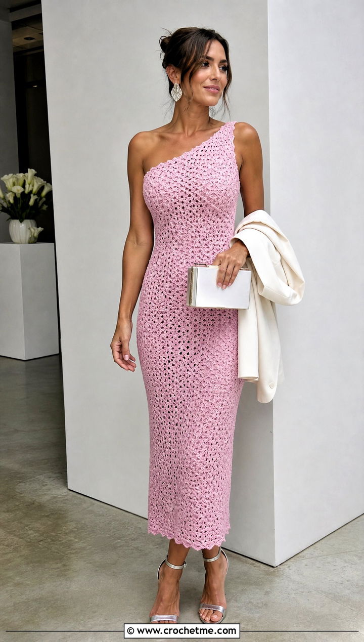 Orchid Pink One Shoulder Crochet Dress With Clear Heels - 20 pastel crochet dress outfit ideas