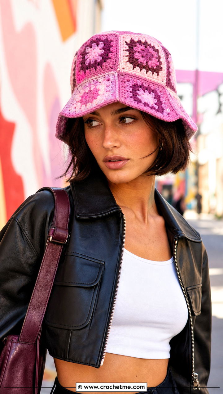 Orchid Pink Patchwork Crochet Bucket Hat With Leather Jacket - 15 pink crochet bucket hat outfit ideas