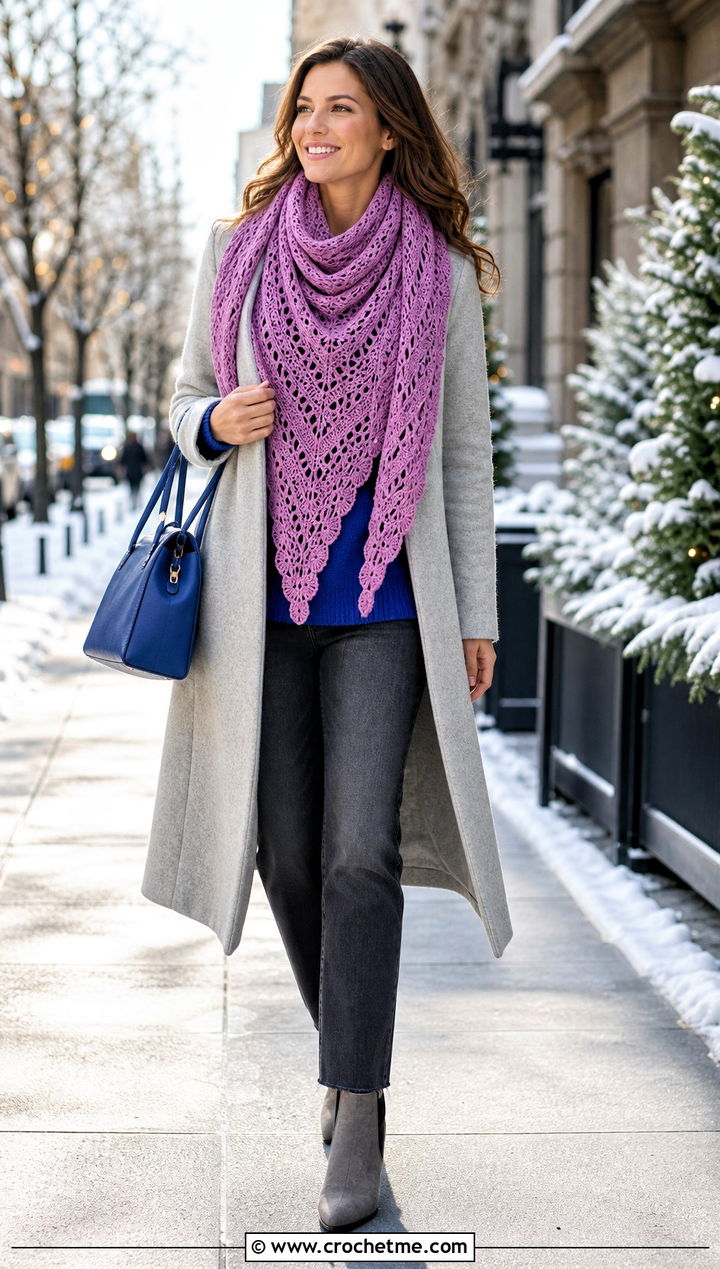 Orchid Pink Triangle Crochet Scarf With Wool Coat - 35 pink crochet outfit ideas