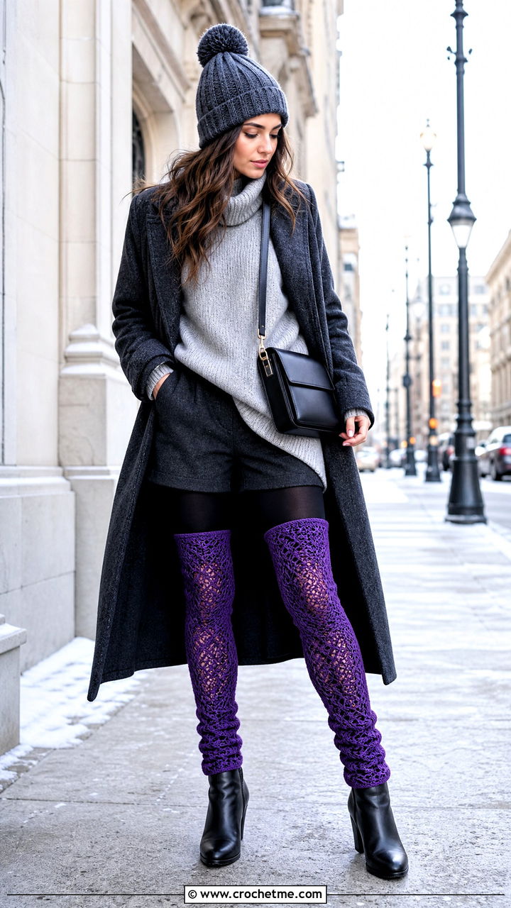 Over The Knee Crochet Socks With Oversized Sweater - 35 easy crochet socks outfit ideas