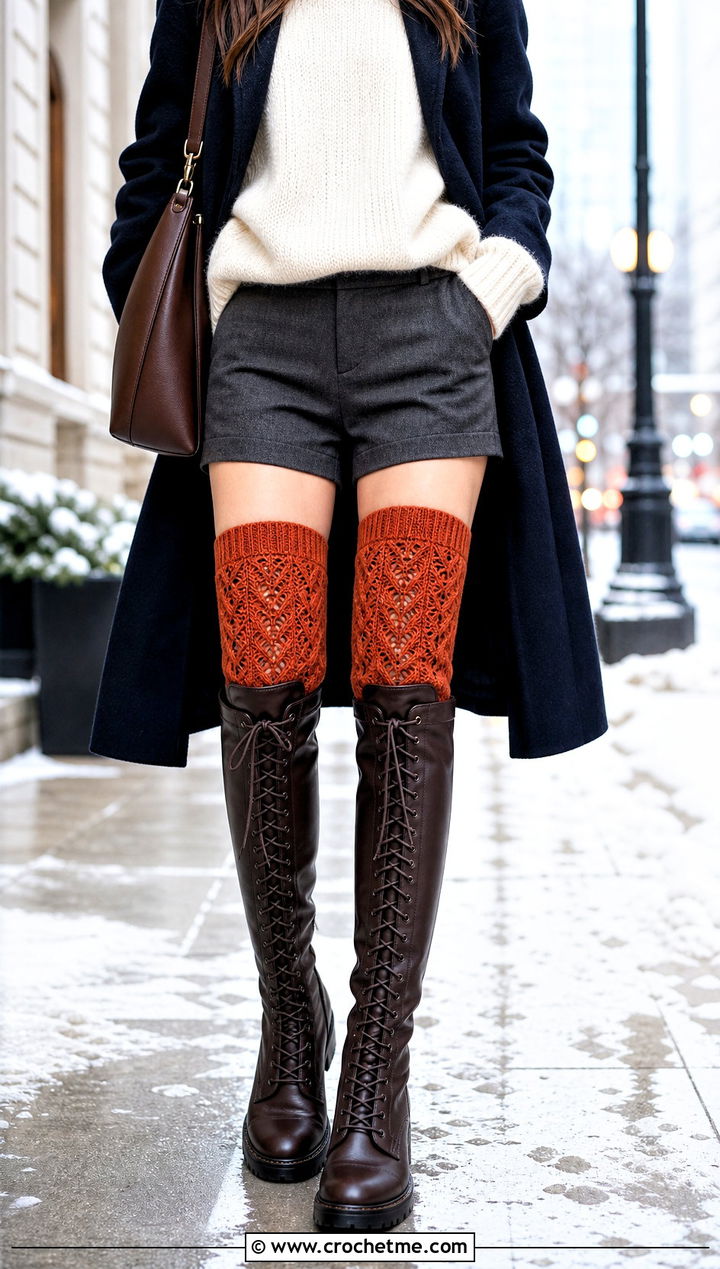 Over The Knee Crochet Socks With Sweater And Shorts - 35 easy crocheted socks outfit ideas
