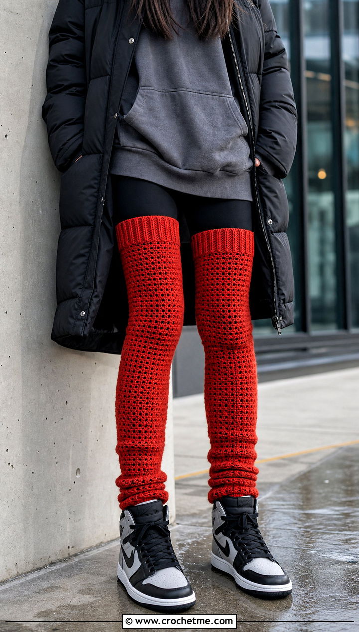 Over the Knee Crochet Winter Socks With Oversized Hoodie - 30 crochet winter socks outfit ideas