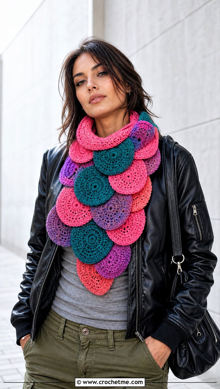Overlapping Circle Crochet Scarf With Leather Bomber And Cargo Pants - 15 crochet scarf with colorful circles outfit ideas