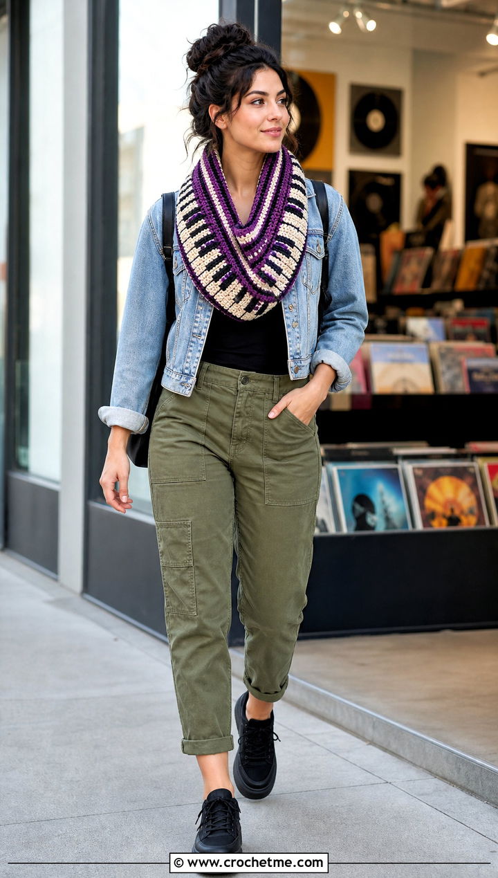 Overlay Mosaic Piano Infinity Scarf With Denim Jacket - 35 crochet piano scarf outfit ideas