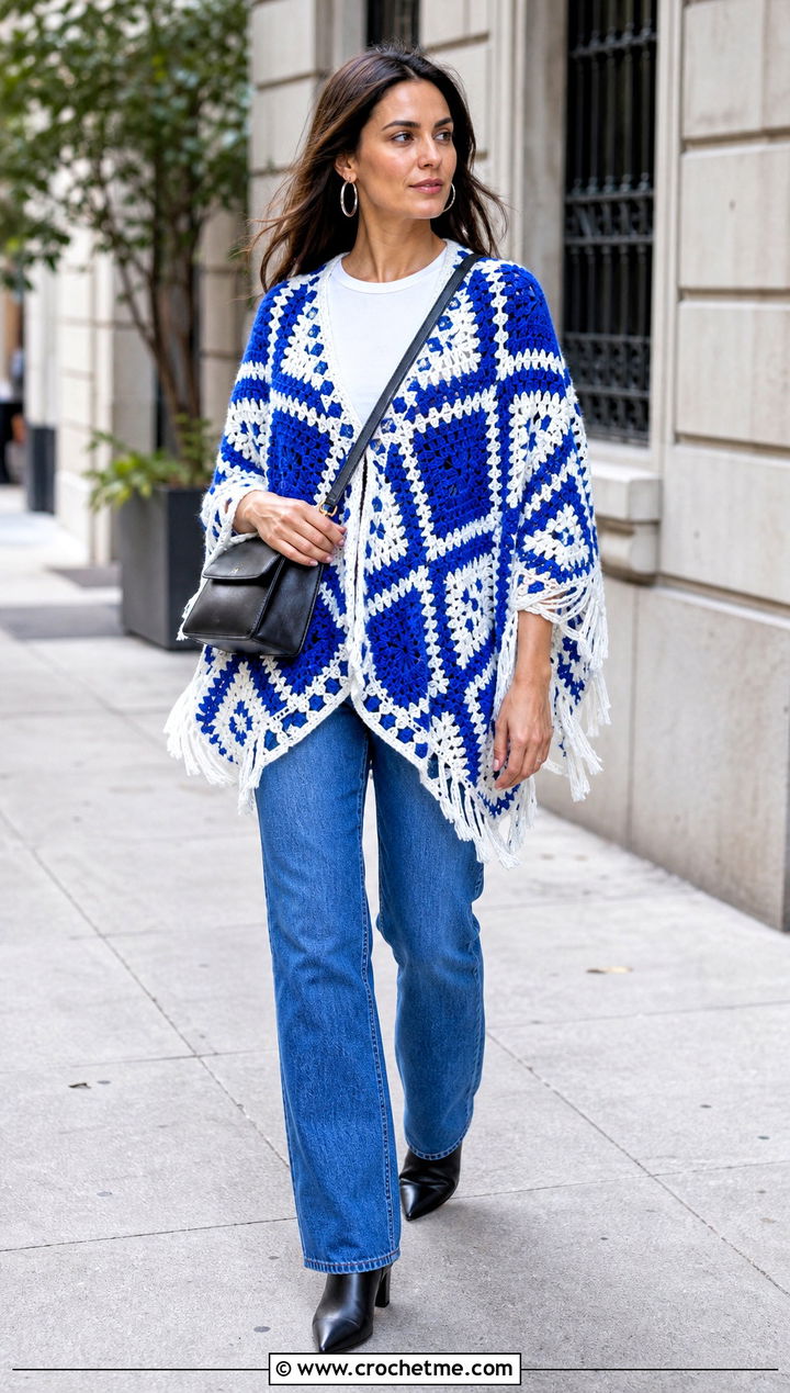 Overlay Mosaic V Neck Poncho With Straight Leg Jeans - 15 Mosaic Crochet Poncho outfit ideas