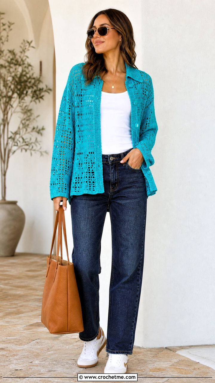 Overshirt Crochet Long Sleeve Top With Tank And Jeans - 35 crochet long sleeve top outfit ideas