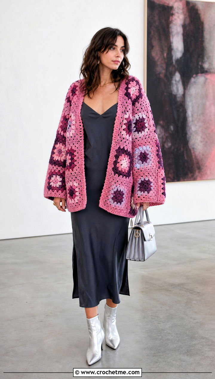 Oversized African Flower Crochet Cardigan With Slip Dress - 30 african flower crochet cardigan outfit ideas
