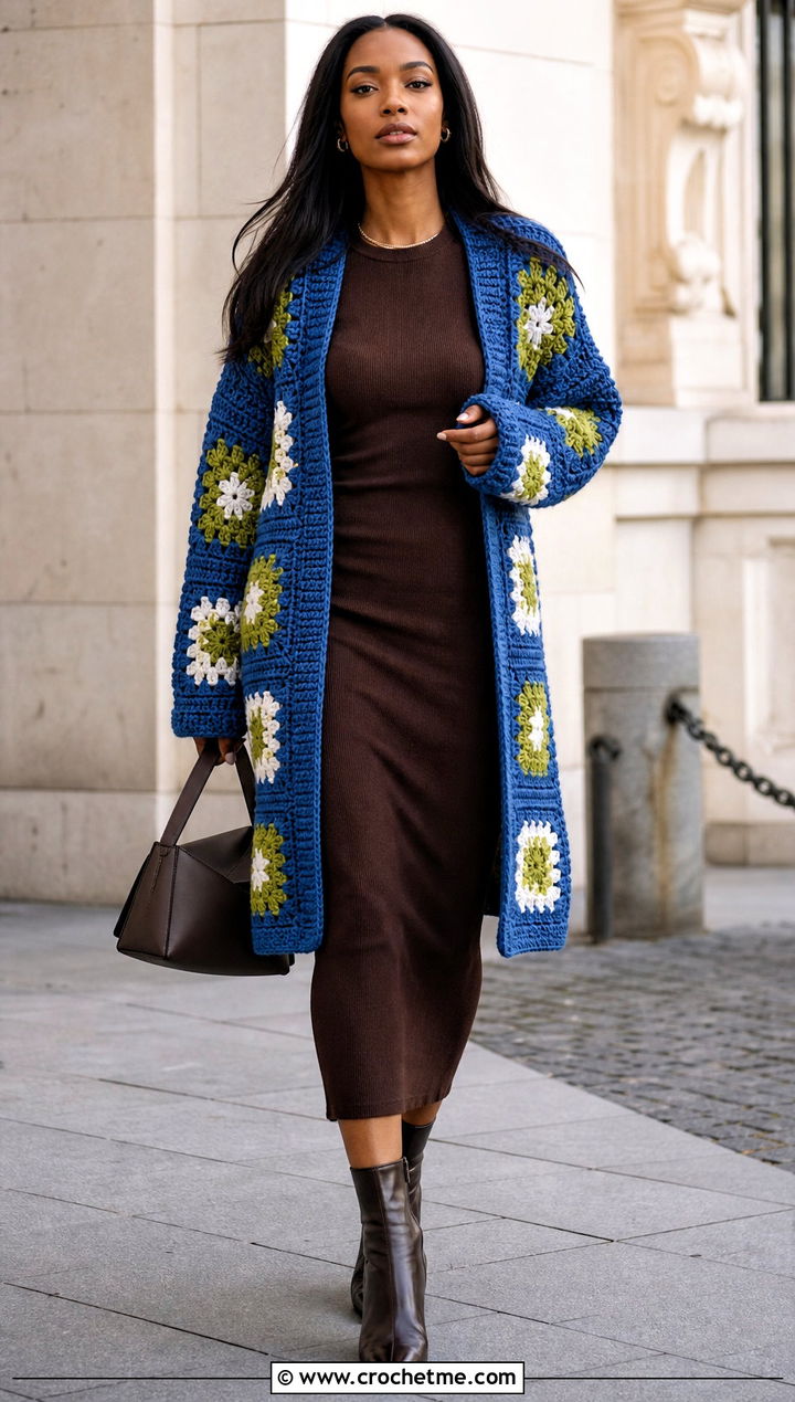 Oversized African Flower Granny Square Cardigan With Column Dress - 30 african flower granny square cardigan outfit ideas