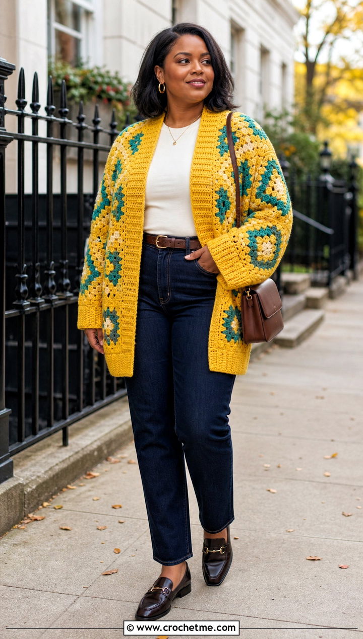 Oversized African Flower Granny Square Cardigan With Straight Leg Jeans - 30 african flower granny square cardigan outfit ideas