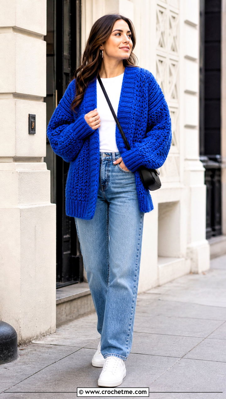 Oversized Alpine Stitch Crochet Cardigan With Straight Leg Jeans - 25 Alpine Stitch Crochet Cardigan outfit ideas