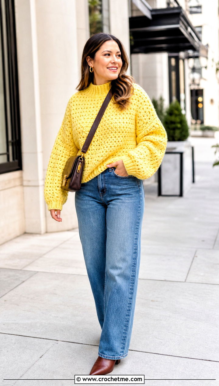 Oversized Alpine Stitch Sweater With Straight Leg Jeans - 25 crochet alpine stitch sweater outfit ideas