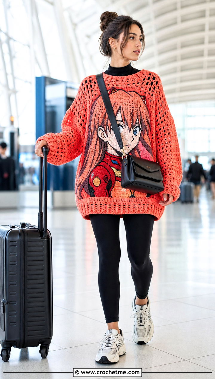Oversized Anime Portrait Crochet Sweater With Leggings - 30 Anime Crochet Sweater outfit ideas