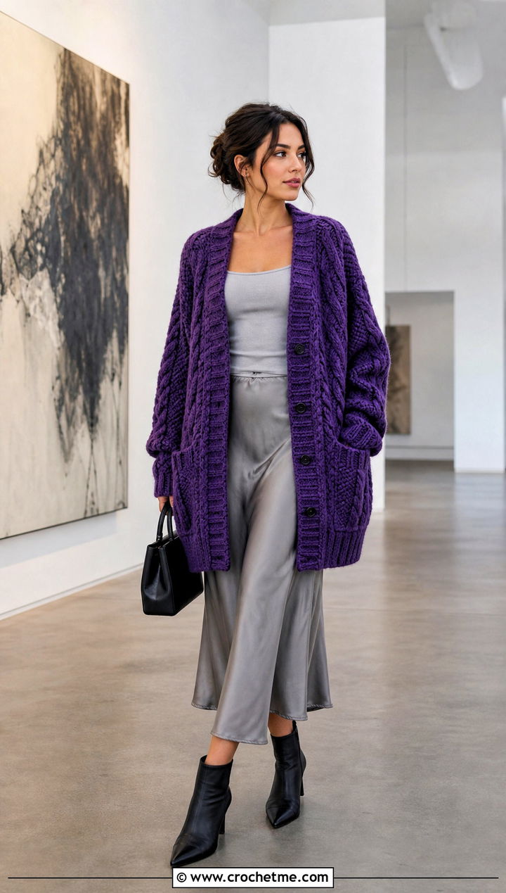 Oversized Aran Crochet Cable Cardigan With Satin Slip Skirt - 25 Crochet Cable Cardigan outfit ideas