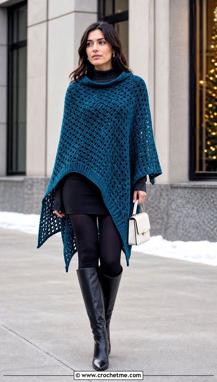 Oversized Asymmetrical Crochet Poncho With Mini Skirt - 25 Asymmetrical Crochet Poncho outfit ideas