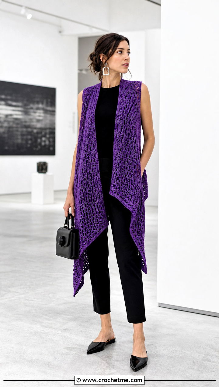 Oversized Asymmetrical Crochet Vest With Slim Pants - 30 oversize crochet vest outfit ideas