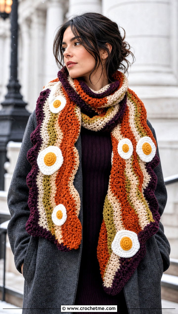 Oversized Bacon And Eggs Scarf With Sweater Dress - 20 Crochet Bacon And Eggs Scarf outfit ideas