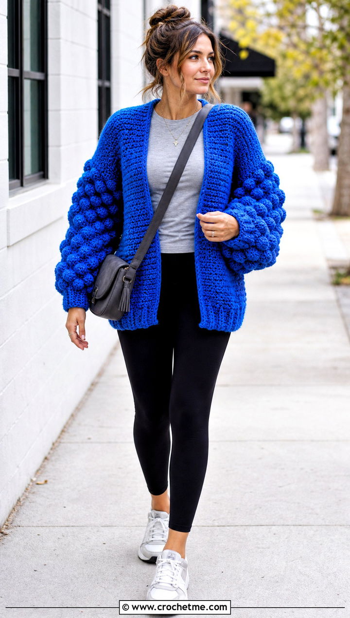 Oversized Balloon Sleeve Bubble Cardigan With Leggings And Sneakers - 15 Crochet Bubble Cardigan outfit ideas