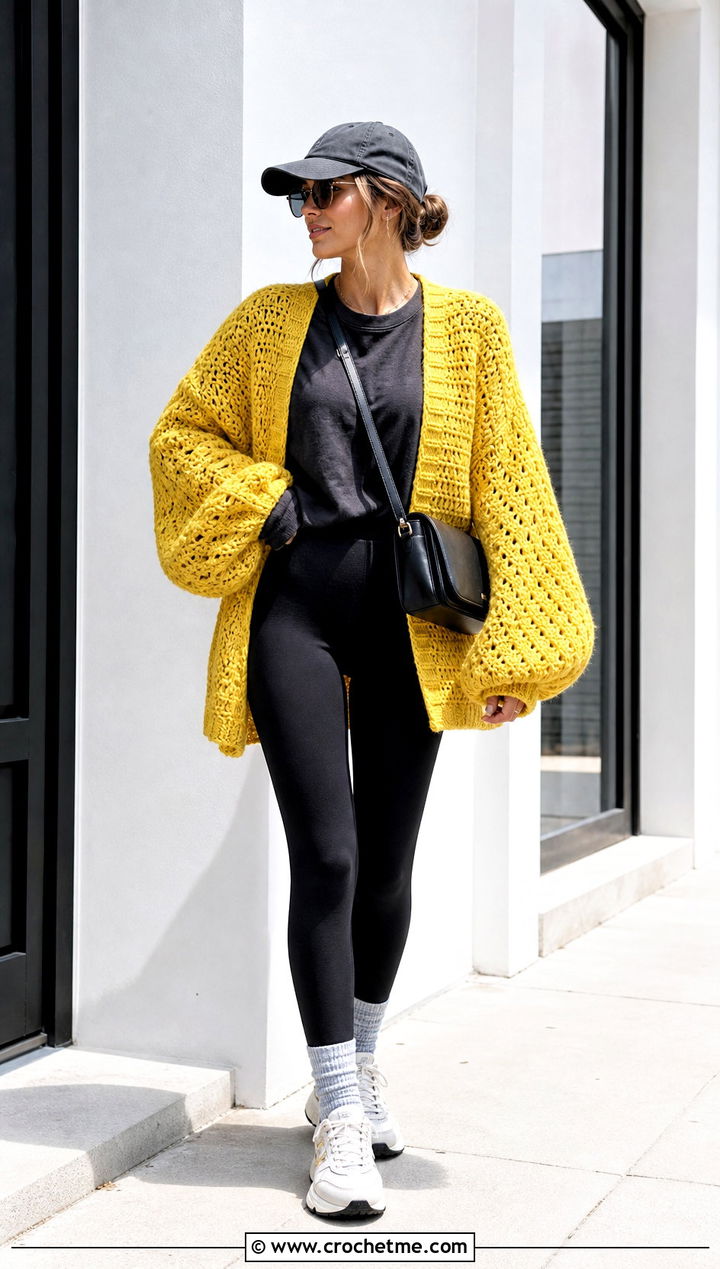 Oversized Balloon Sleeve Crochet Cardigan With Leggings - 30 puffy crochet cardigan outfit ideas