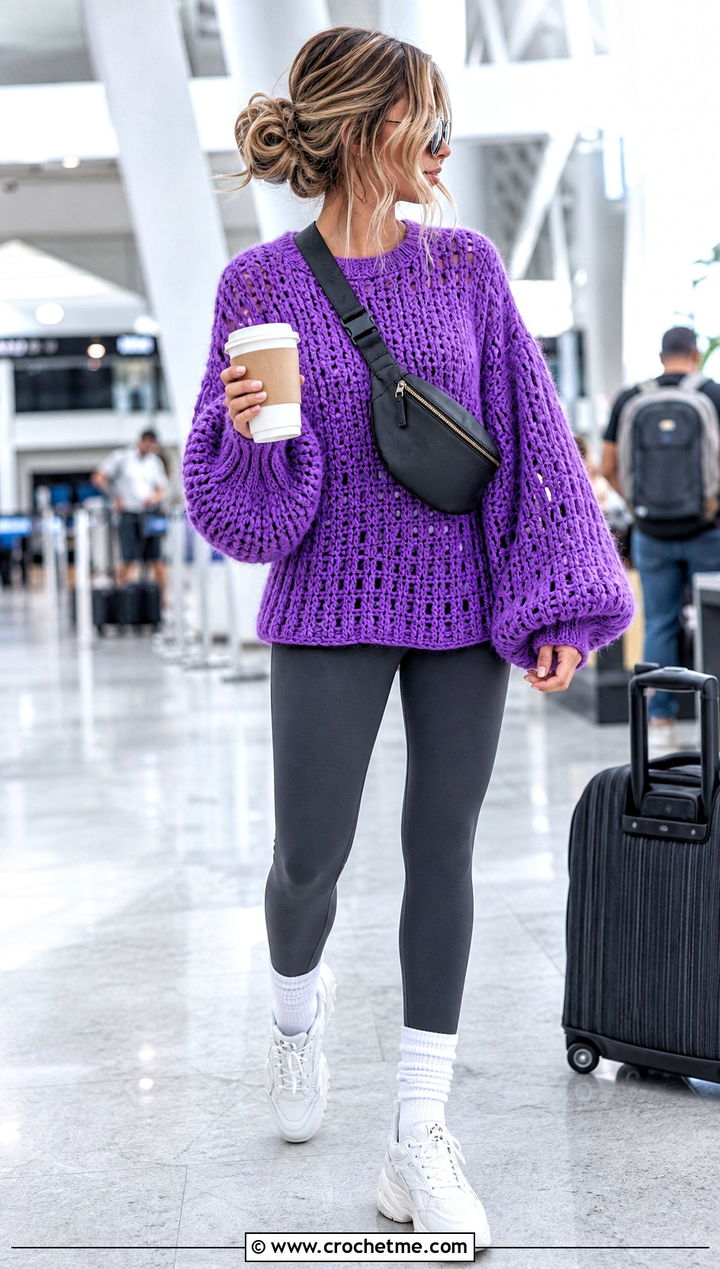Oversized Balloon Sleeve Crochet Sweater With Leggings - 35 crocheted sweaters outfit ideas