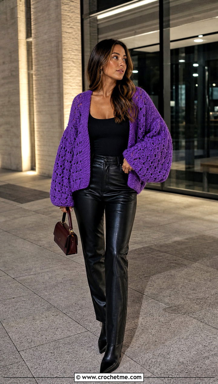 Oversized Balloon Sleeve Hexi Cardigan With Leather Pants - 35 crochet hexi cardigan outfit ideas