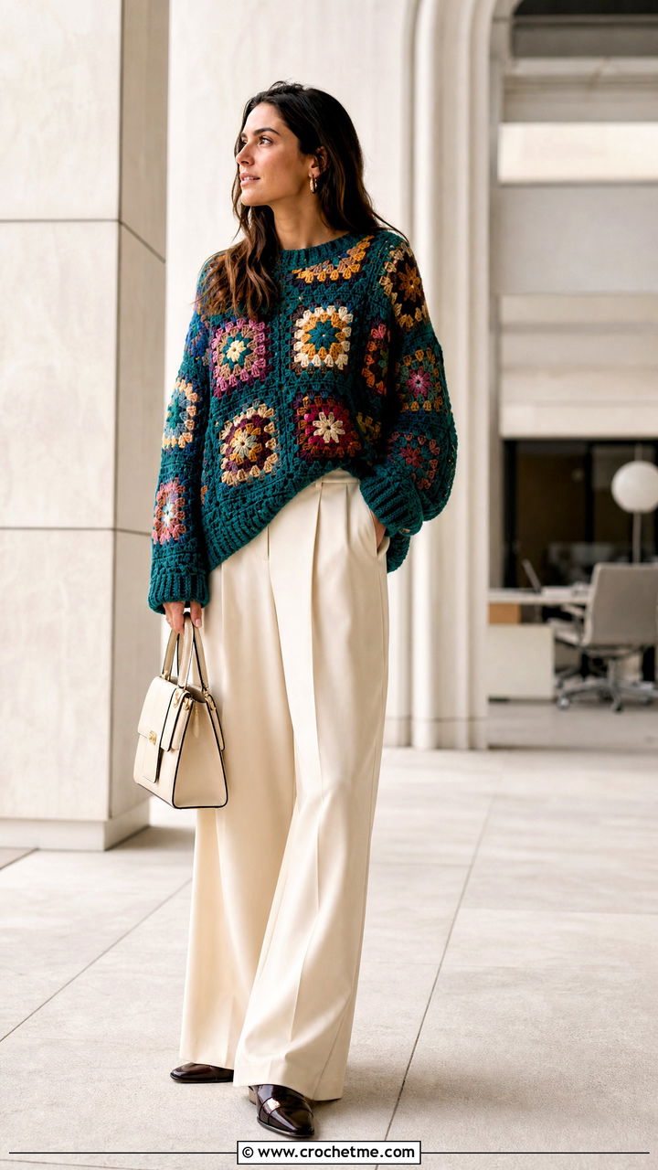 Oversized Big Granny Square Sweater With Wide Leg Trousers - 35 big granny square sweater outfit ideas
