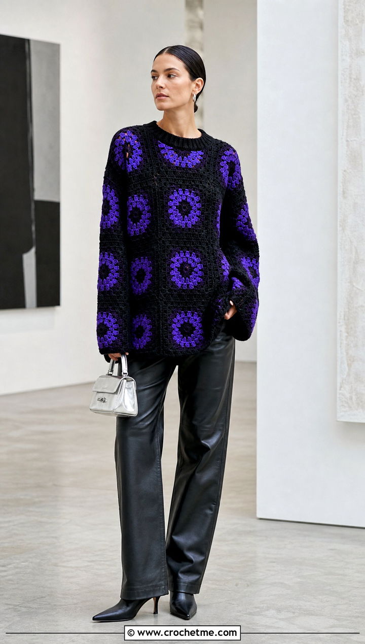 Oversized Black Granny Square Sweater With Leather Pants - 25 black granny square sweater outfit ideas