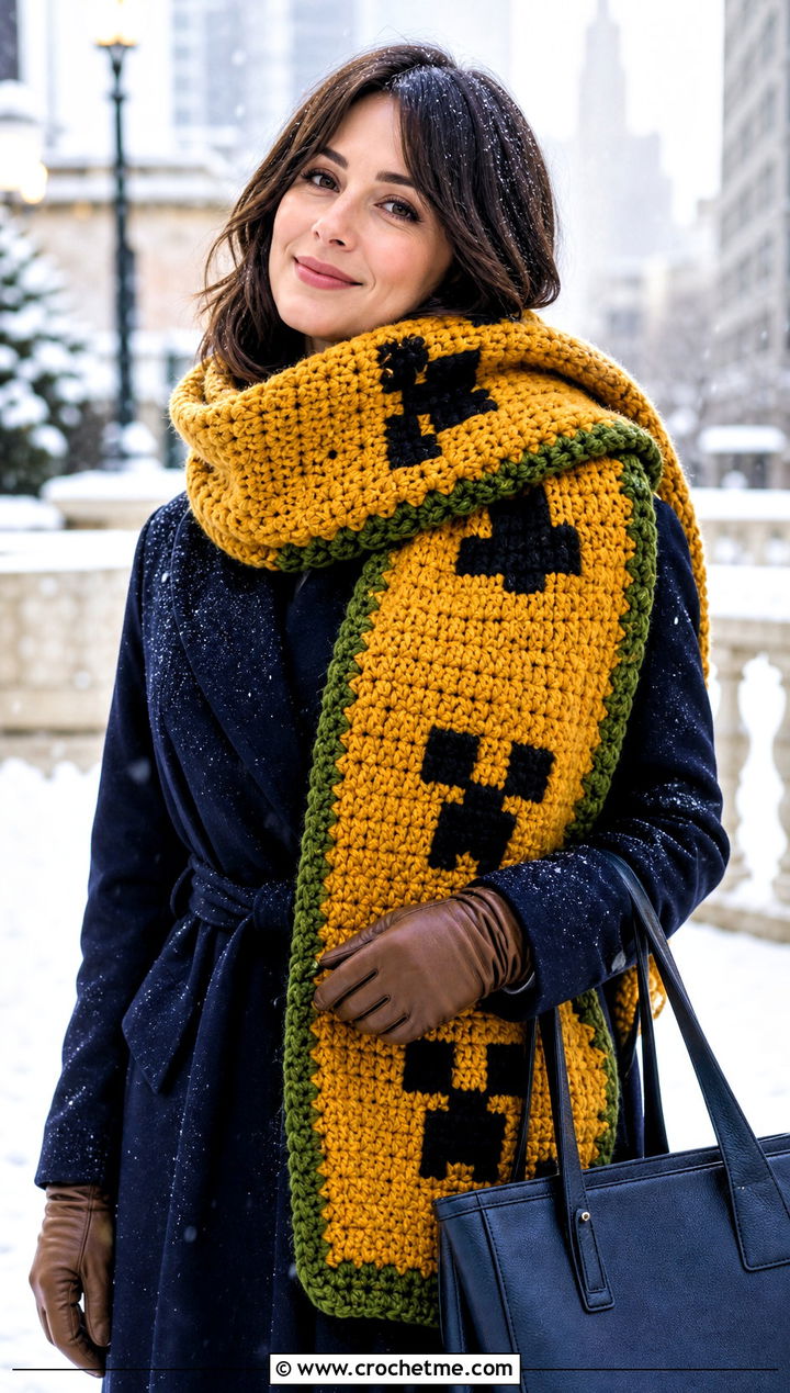 Oversized Blanket Creeper Scarf With Belted Coat - 15 minecraft creeper crochet scarf outfit ideas