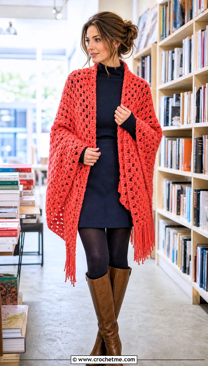 Oversized Blanket Crochet Boho Shawl With Mini Skirt - 30 crochet boho shawl outfit ideas