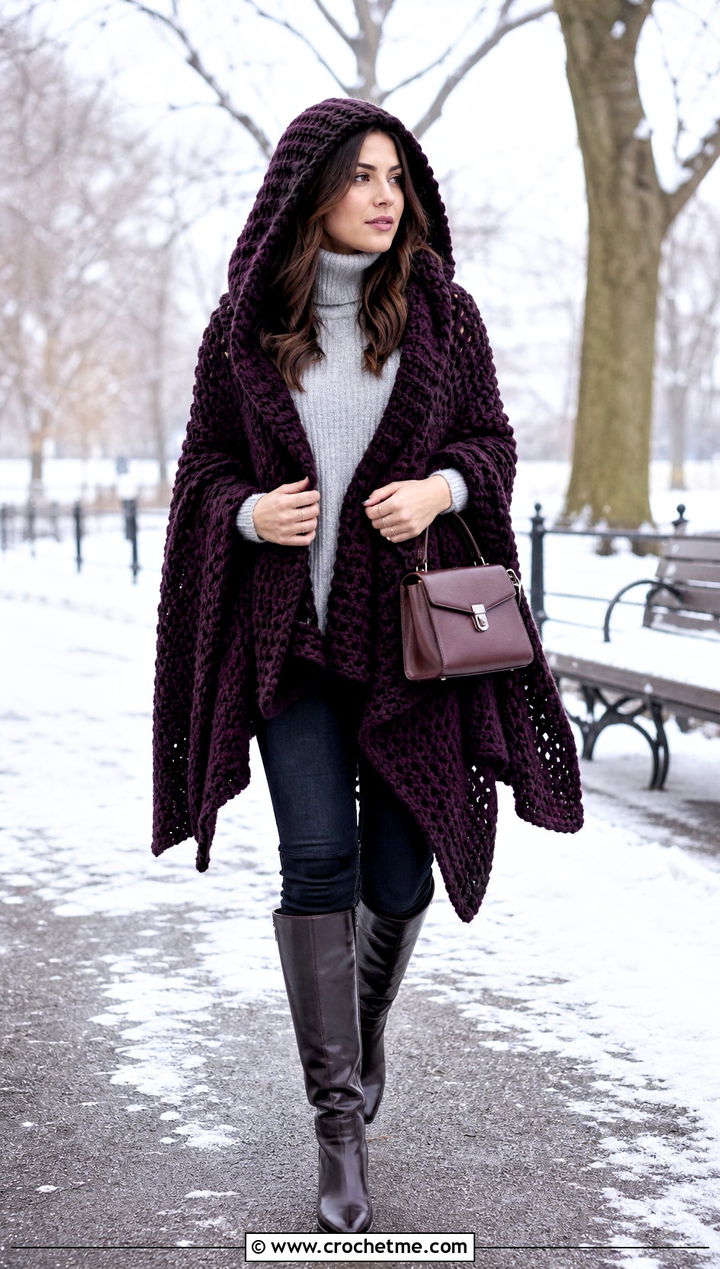 Oversized Blanket Crochet Poncho With Hood And Skinny Jeans - 35 crochet poncho with hood outfit ideas