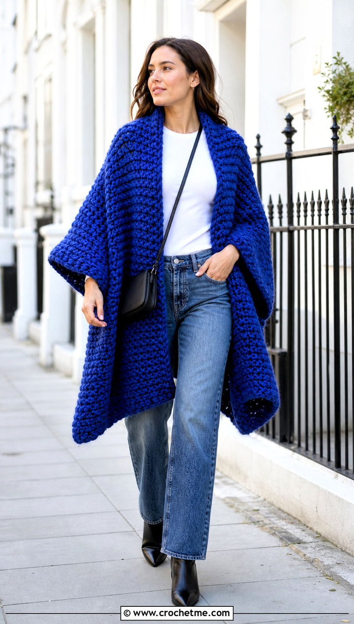 Oversized Blanket Crochet Poncho With Straight Leg Jeans - 15 Blanket Crochet Poncho outfit ideas