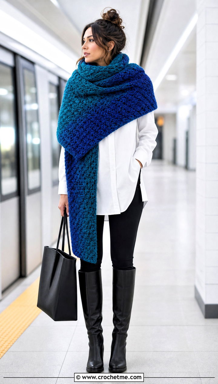 Oversized Blanket Crochet Scarf With Leggings - 35 crocheted scarf outfit ideas