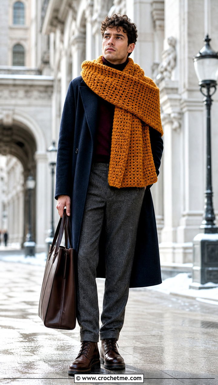 Oversized Blanket Crochet Scarf With Long Coat - 35 men crochet scarf outfit ideas