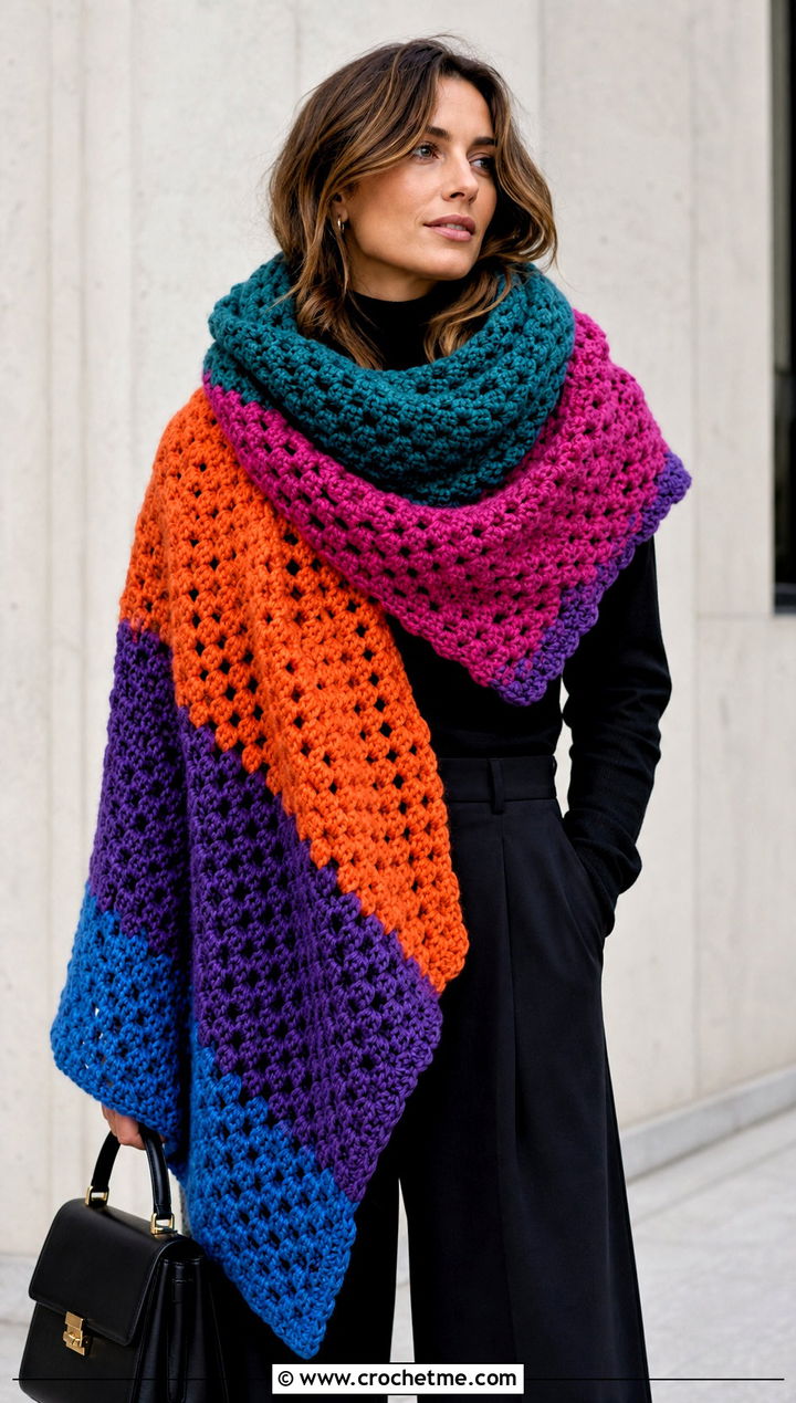 Oversized Blanket Crochet Scarf With Monochrome Outfit - 25 multi colored crochet scarf outfit ideas