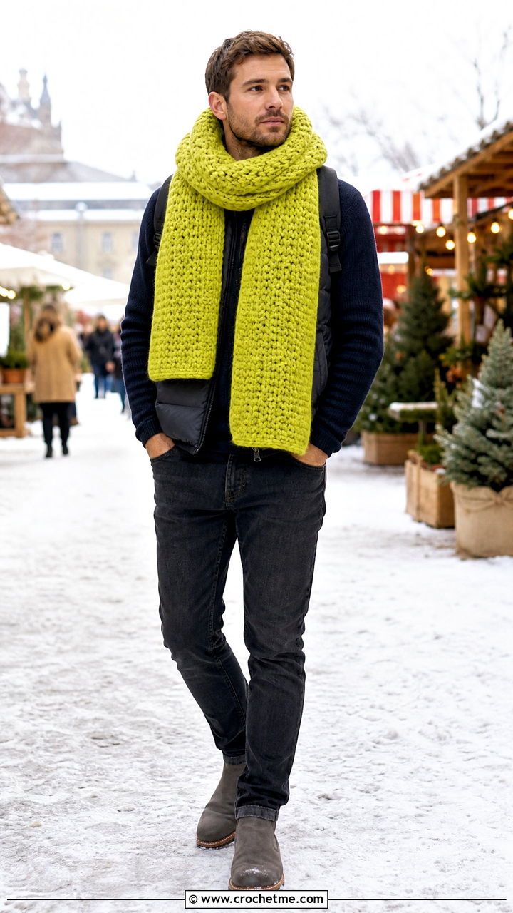 Oversized Blanket Crochet Scarf With Puffer Vest - 35 crochet scarf for men outfit ideas