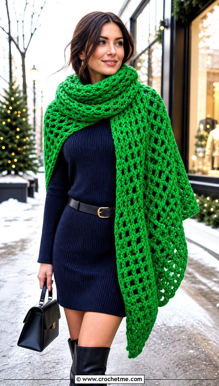 Oversized Blanket Crochet Scarf With Sweater Dress And Tall Boots - 15 Thick Crochet Scarf outfit ideas