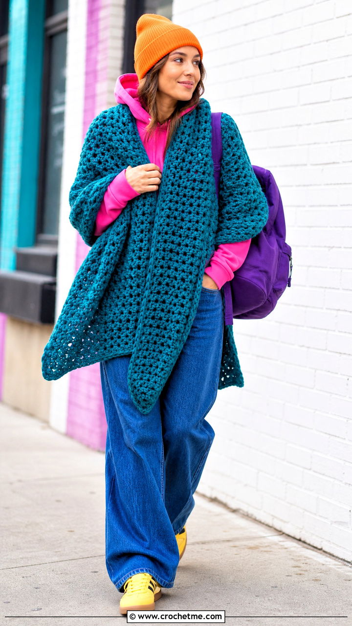 Oversized Blanket Crochet Shawl With A Hoodie And Jeans - 35 crochet shawl outfit ideas