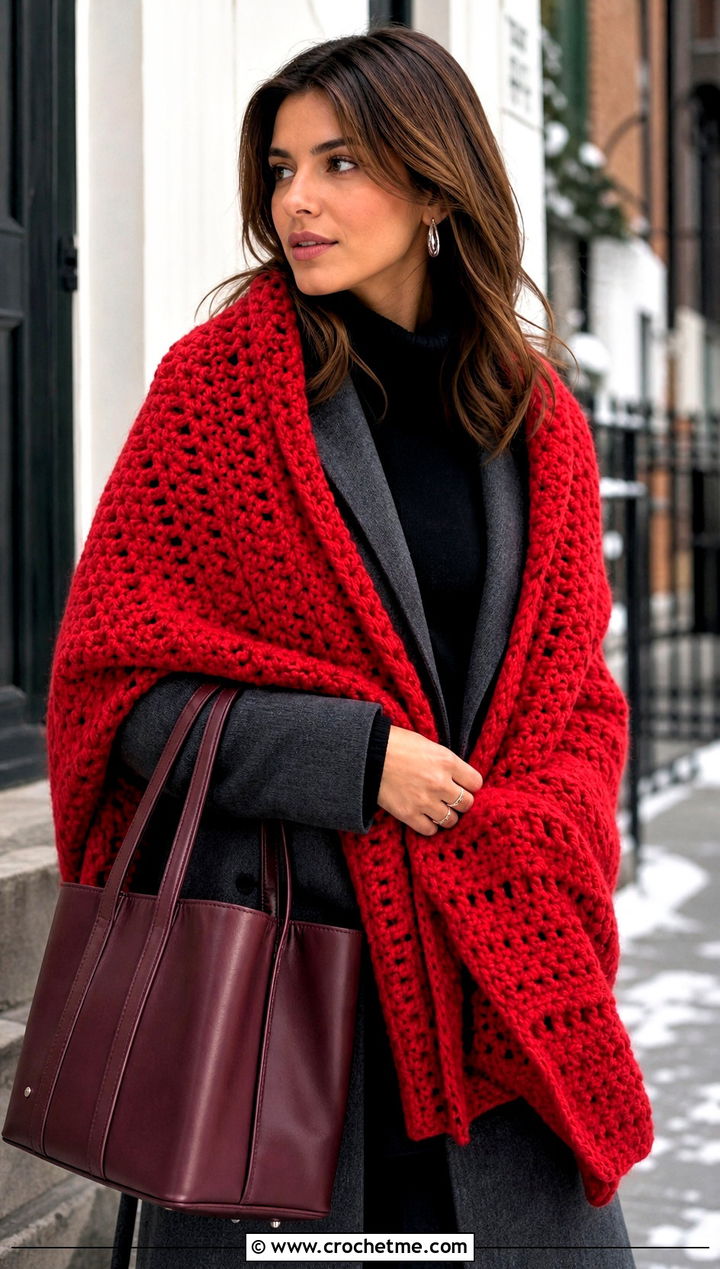 Oversized Blanket Crochet Shawl With A Wool Coat - 15 bright crochet shawl outfit ideas