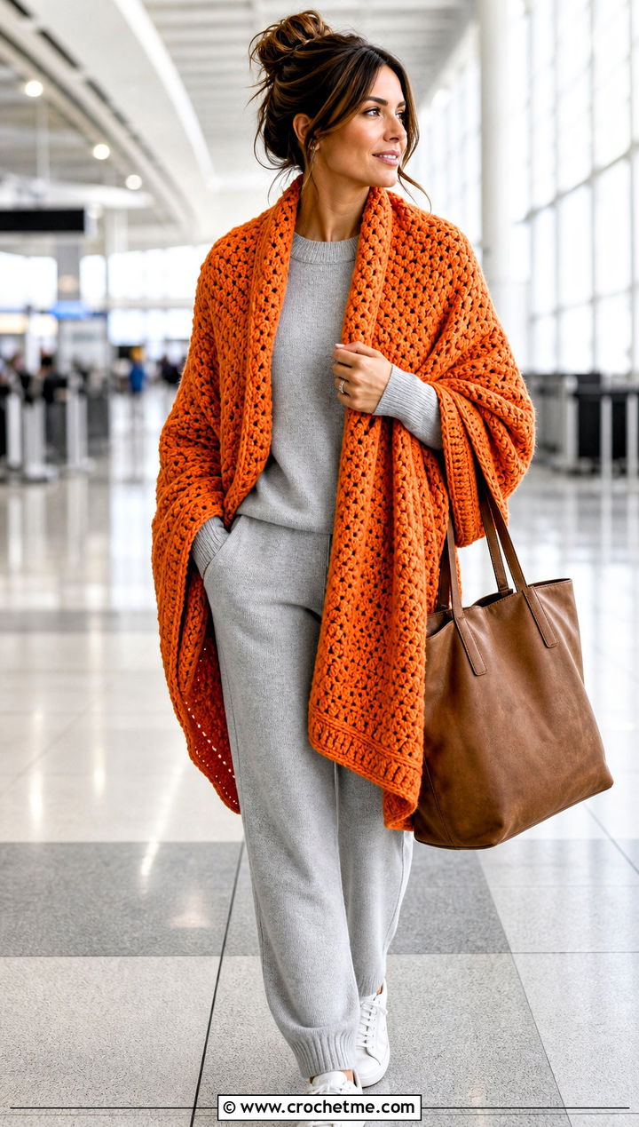 Oversized Blanket Crochet Shawl With Matching Knit Set - 30 winter crochet shawl outfit ideas