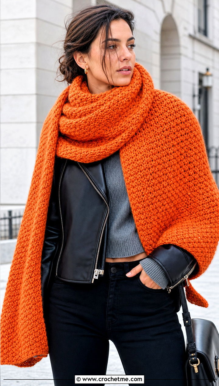 Oversized Blanket Lemon Peel Stitch Scarf With Leather Jacket - 20 Crochet Lemon Peel Stitch Scarf outfit ideas
