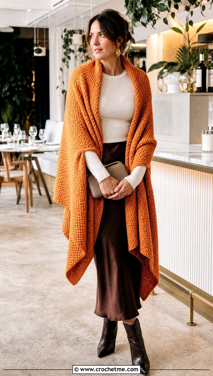 Oversized Blanket Moss Stitch Shawl With A Slip Skirt - 25 Crochet Moss Stitch Shawl outfit ideas