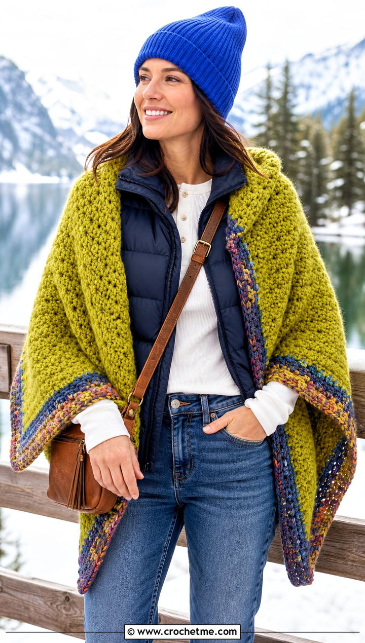 Oversized Blanket Rectangle Crochet Shawl With Puffer Vest - 20 Rectangle Crochet Shawls outfit ideas