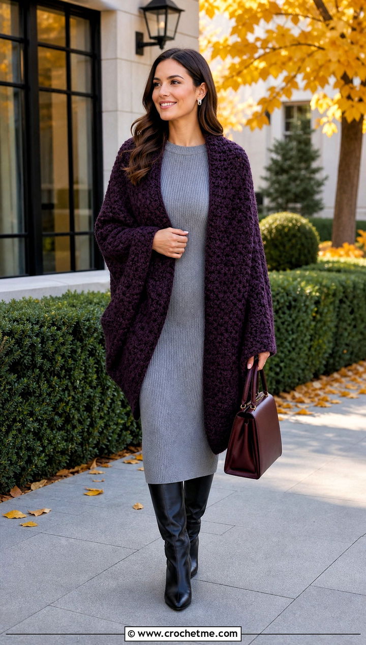 Oversized Blanket Rectangle Crochet Shrug With Knit Dress - 20 Rectangle Crochet Shrug outfit ideas