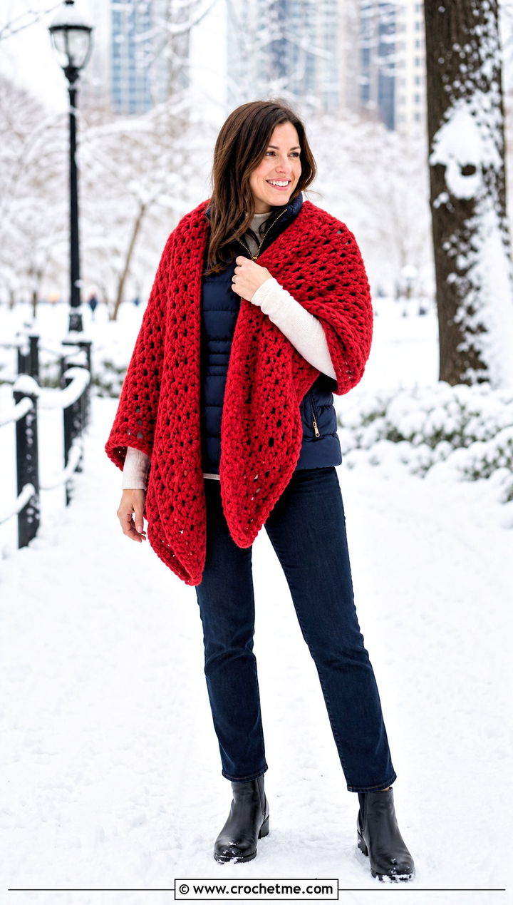 Oversized Blanket Shawl With Puffer Vest - 15 Super Bulky Crochet Shawl outfit ideas